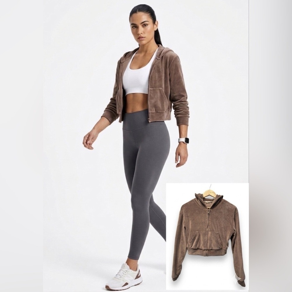 Sacre Velour Zip Up Cropped Hoodie‎ Mocha Brown XS Soft Plush Streetwear Hooded